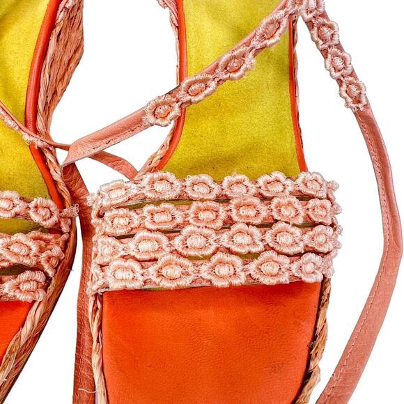 Stuart Weitzman Espadrille Wedge Strappy Floral Orange Sandals Size - Picture 2 of 9